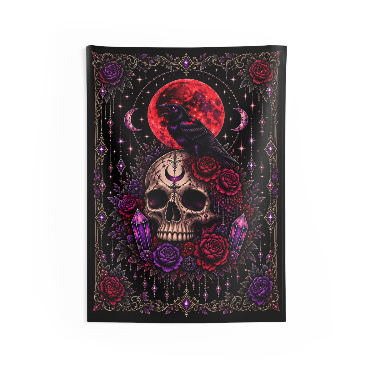 Raven & Skull Red Moon Tapestry — Gothic Wall Art