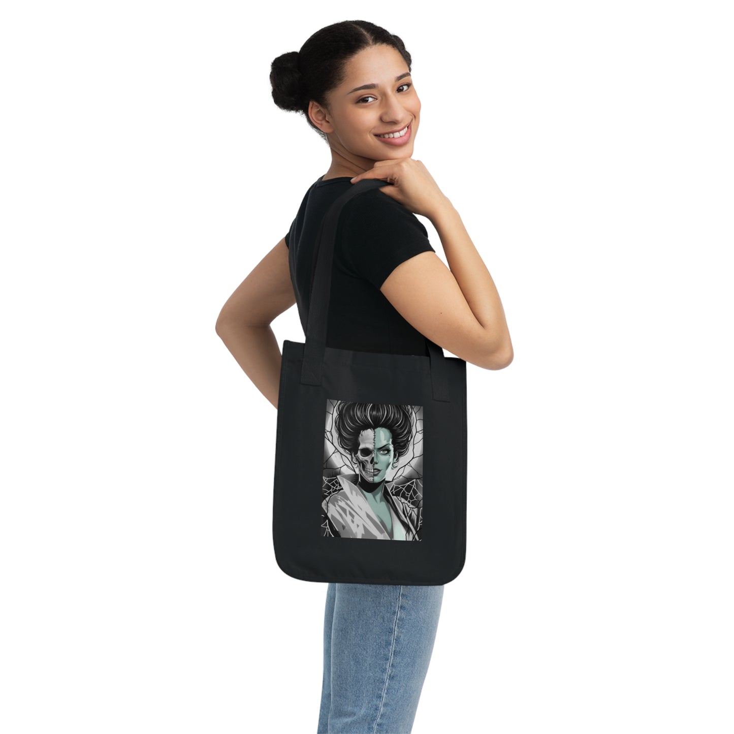 Bride of Frankenstein Skeleton Organic Canvas Tote — Spiderweb & Lightning Halloween Shopper Bag