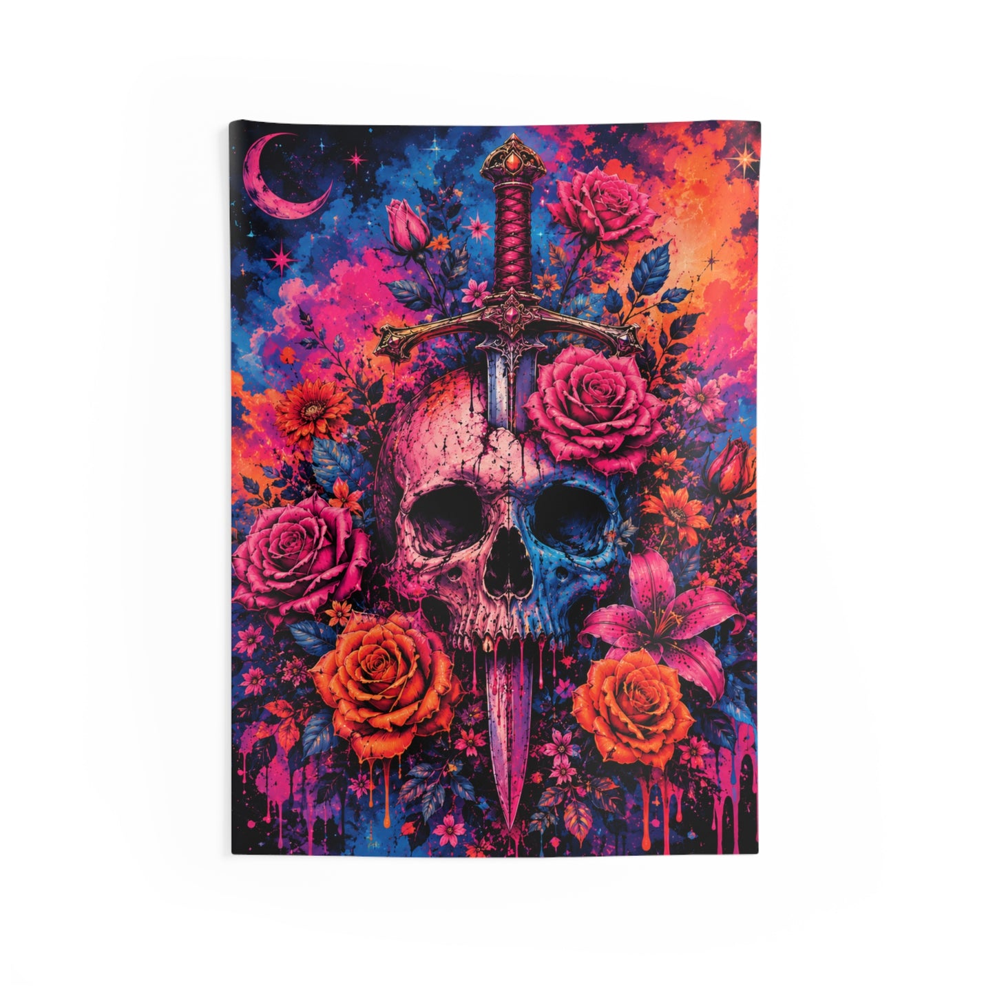 Tie-Dye Skull, Sword & Rose Indoor Wall Tapestry — Gothic Boho Decor