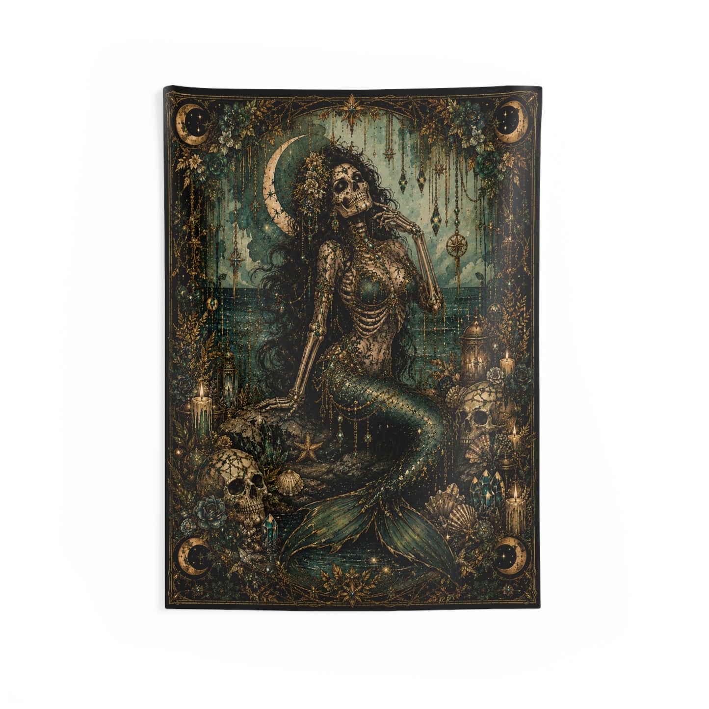 Deathly Siren Indoor Wall Tapestry — Gothic Mermaid Skull Art for Bedroom & Living Room