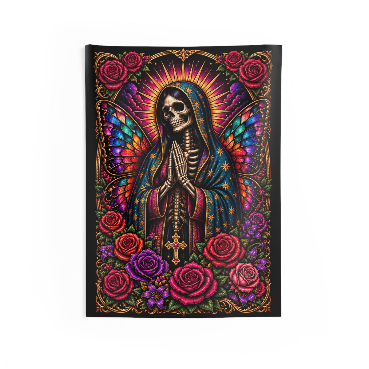 Stained Glass Butterfly Madonna Tapestry — Gothic Skull Virgin Wall Art