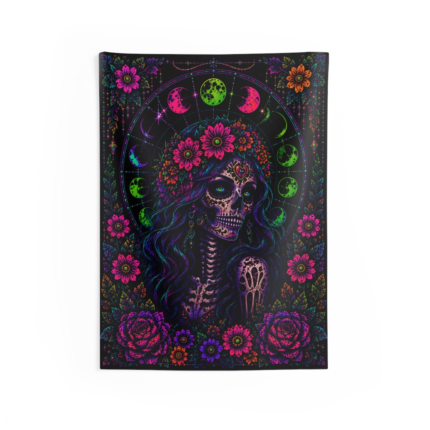 Day of the Dead Skull Goddess Tapestry — Floral Moon Phases Wall Hanging for Goth & Boho Decor