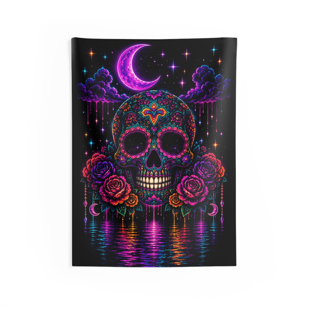 Neon Sugar Skull Tapestry — Gothic Floral Moon Wall Hanging