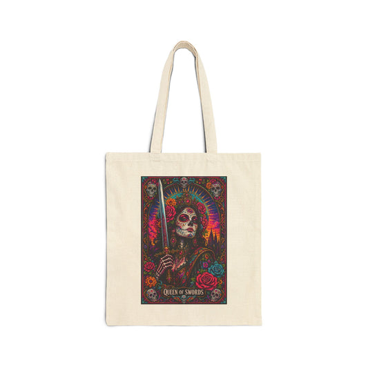 Queen of Swords Sugar Skull Tarot Cotton Canvas Tote Bag