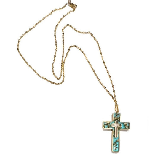 Necklace Aqua Gold Leaf Cross