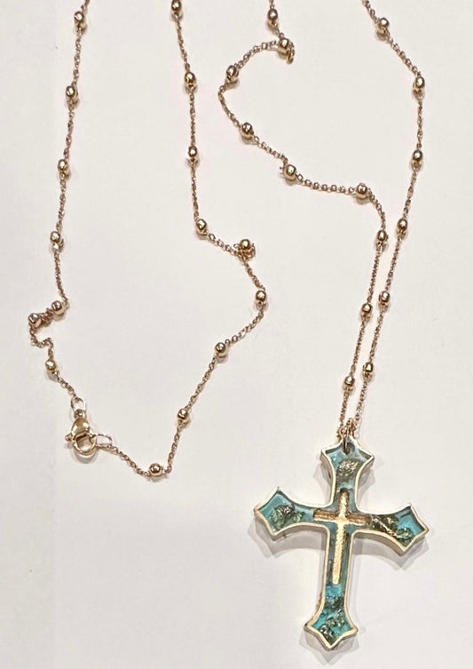 Necklace Aqua Gold Leaf Cross