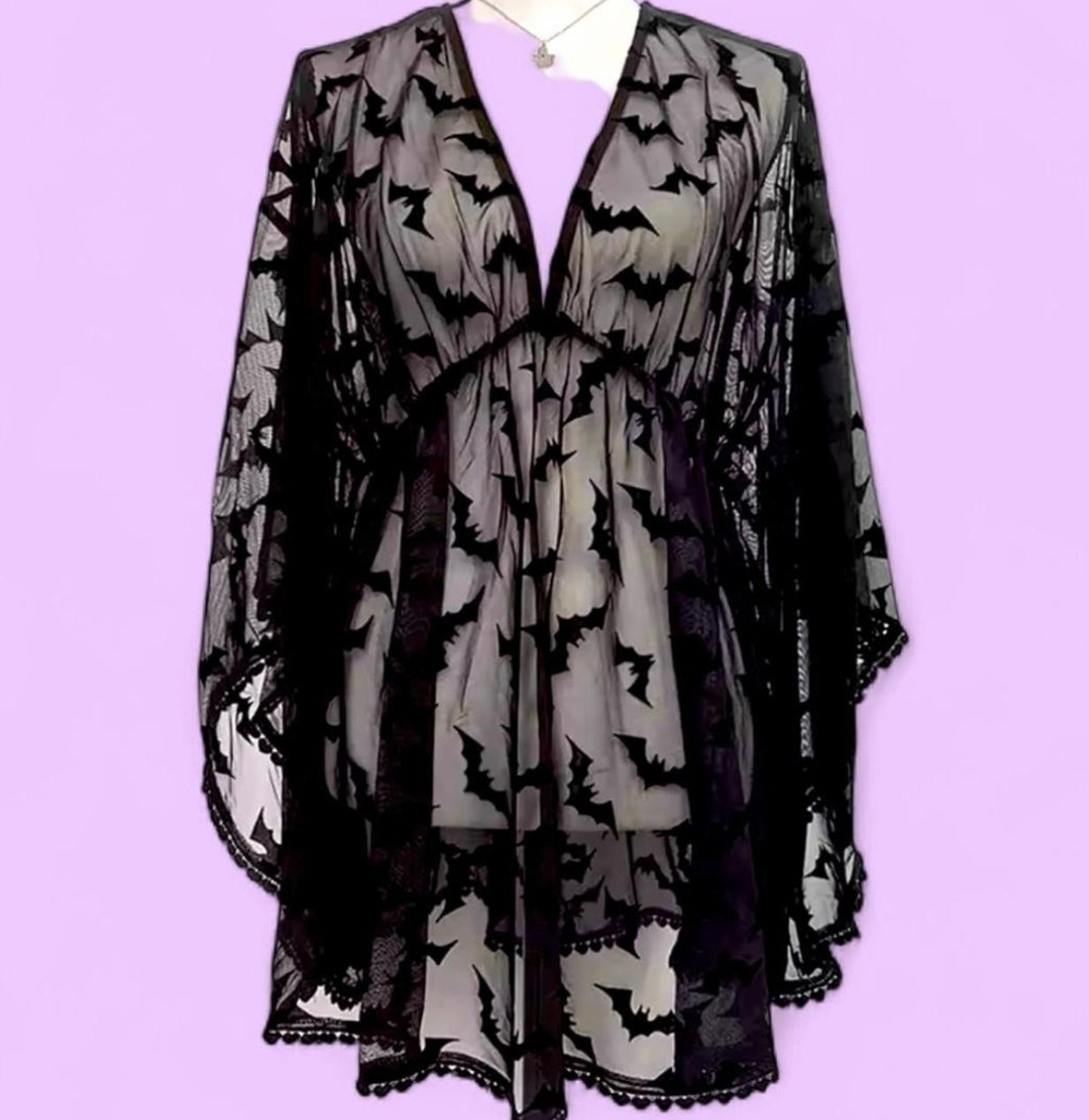 Bat Print Sheer Coverup Tunic Drape Sleeve