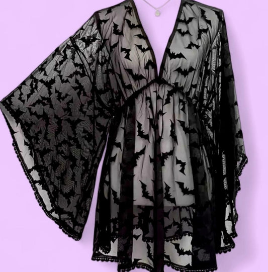 Bat Print Sheer Coverup Tunic Drape Sleeve