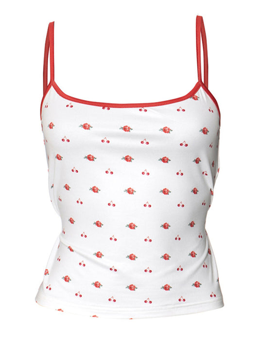 Women's Contrast Color Cherry Flower Print Camisole Cropped Top