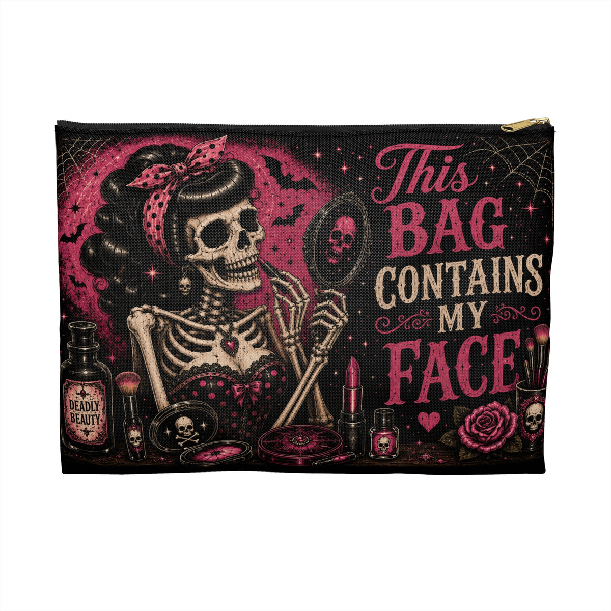 Makeup Bag — "This Bag Contains My Face" Gothic Skeleton Cosmetic Pouch