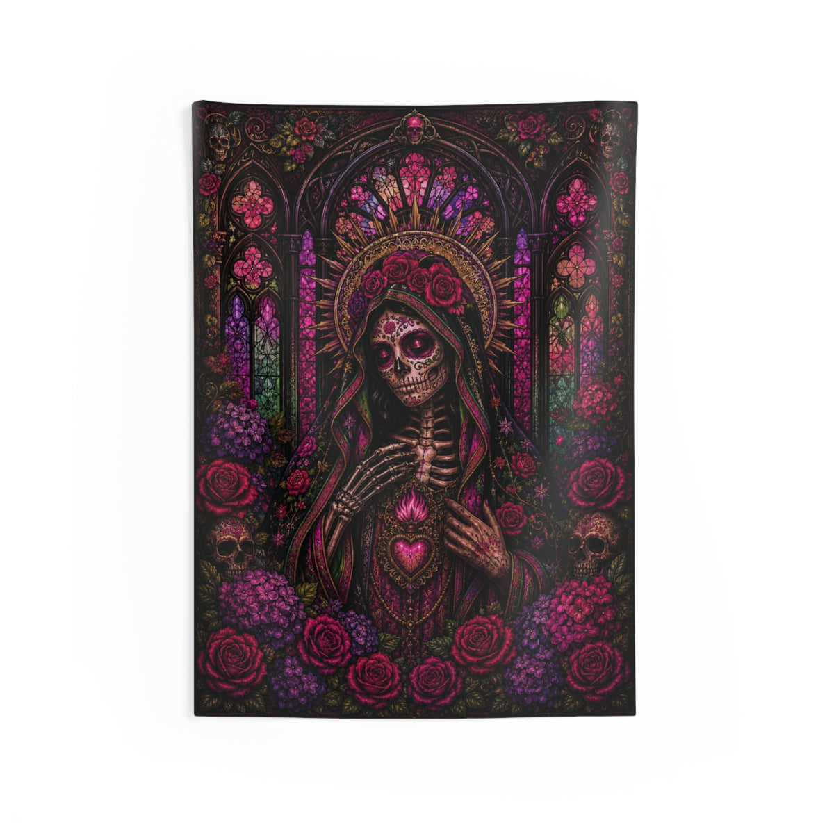 Stained Glass Saint Skeleton Madonna Tapestry — Gothic Floral Wall Hanging