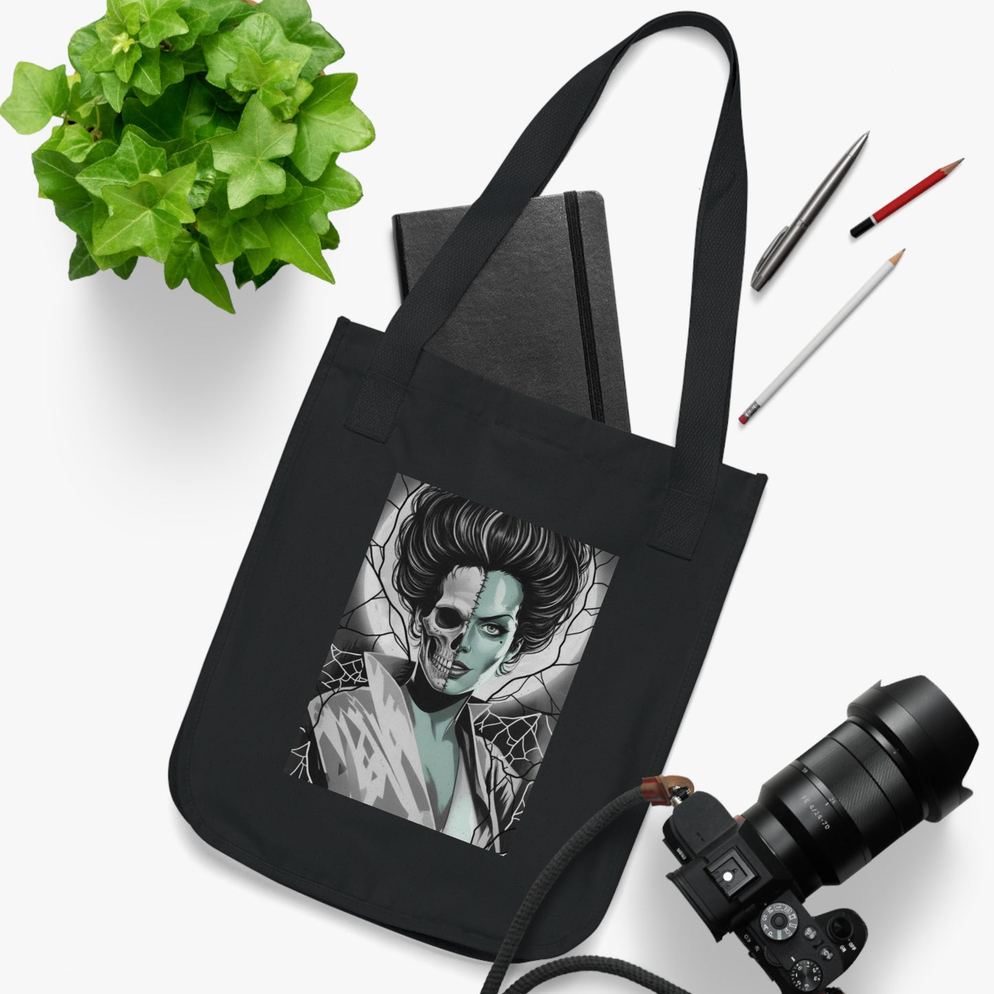Bride of Frankenstein Skeleton Organic Canvas Tote — Spiderweb & Lightning Halloween Shopper Bag