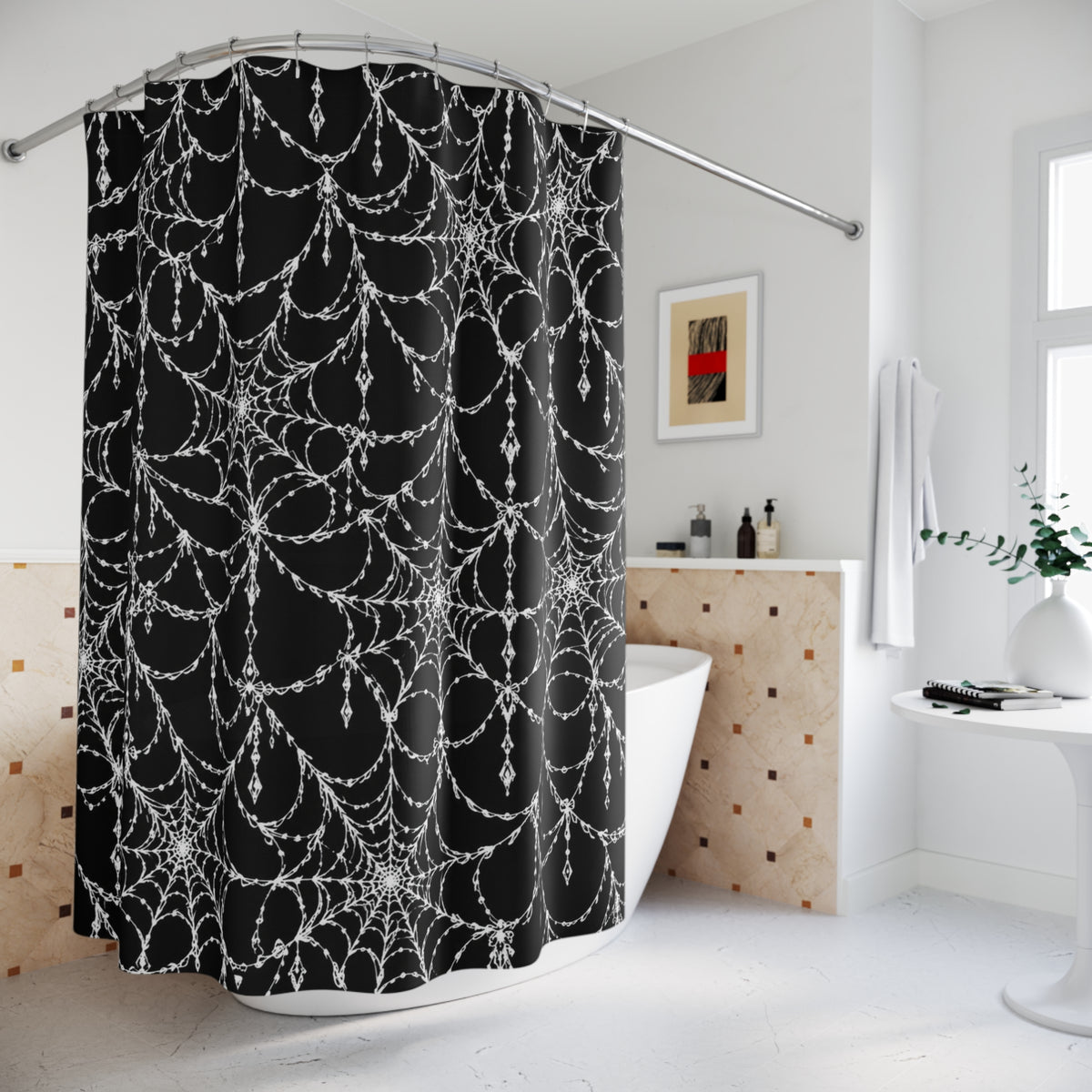 Gothic Cobweb Crystal Drop Shower Curtain — Black Spiderweb Bathroom Decor