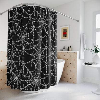 Gothic Cobweb Crystal Drop Shower Curtain — Black Spiderweb Bathroom Decor