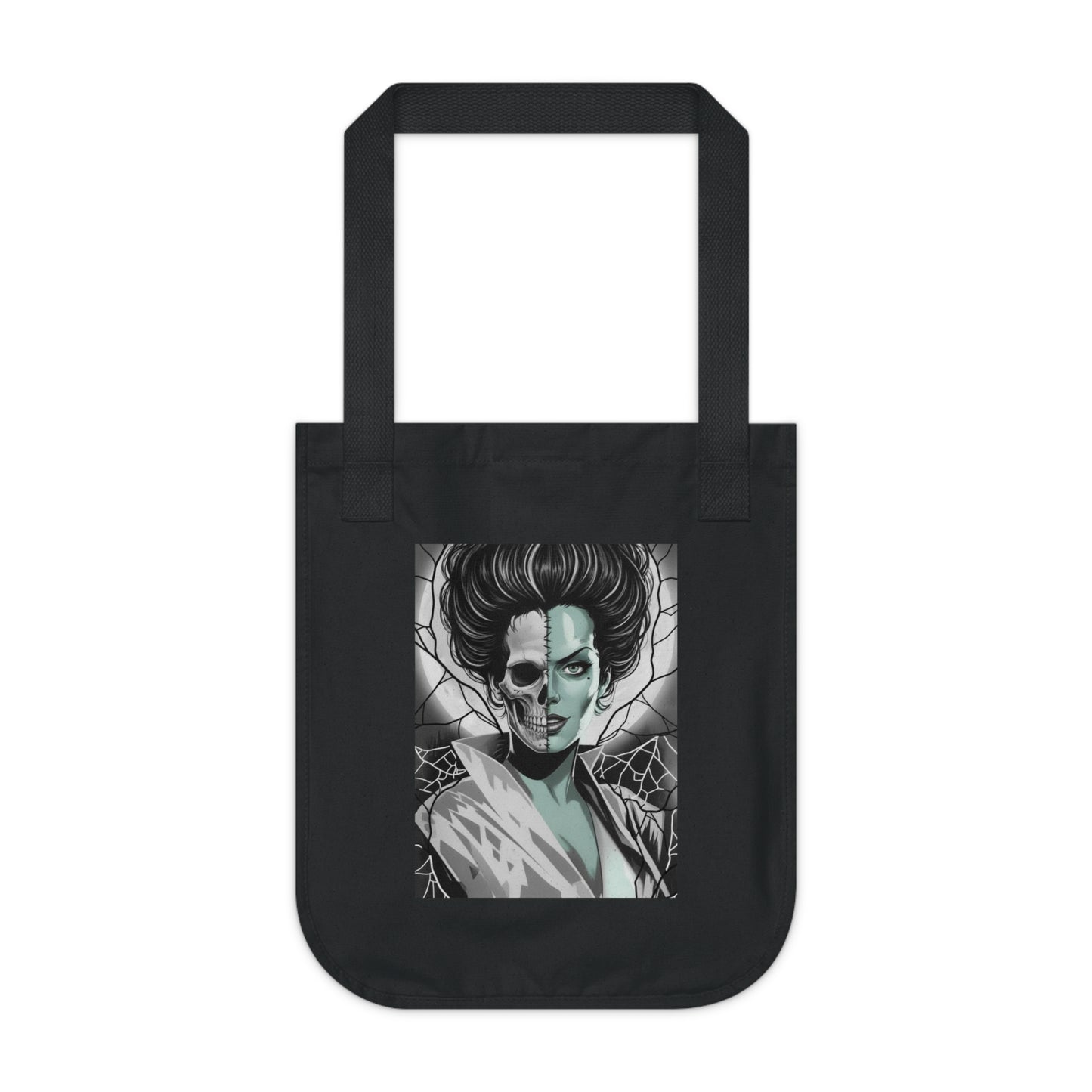 Bride of Frankenstein Skeleton Organic Canvas Tote — Spiderweb & Lightning Halloween Shopper Bag