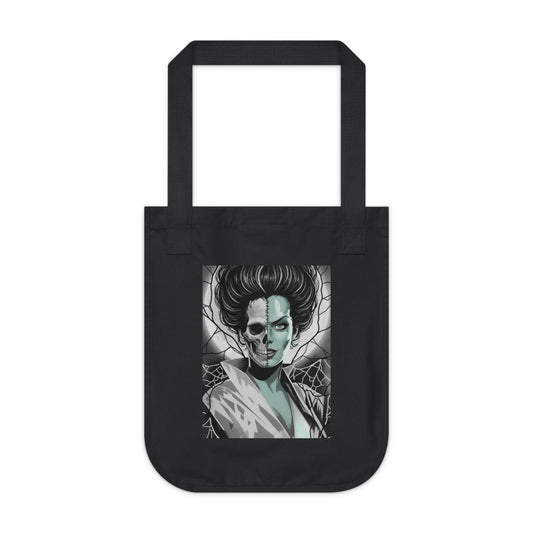 Bride of Frankenstein Skeleton Organic Canvas Tote — Spiderweb & Lightning Halloween Shopper Bag