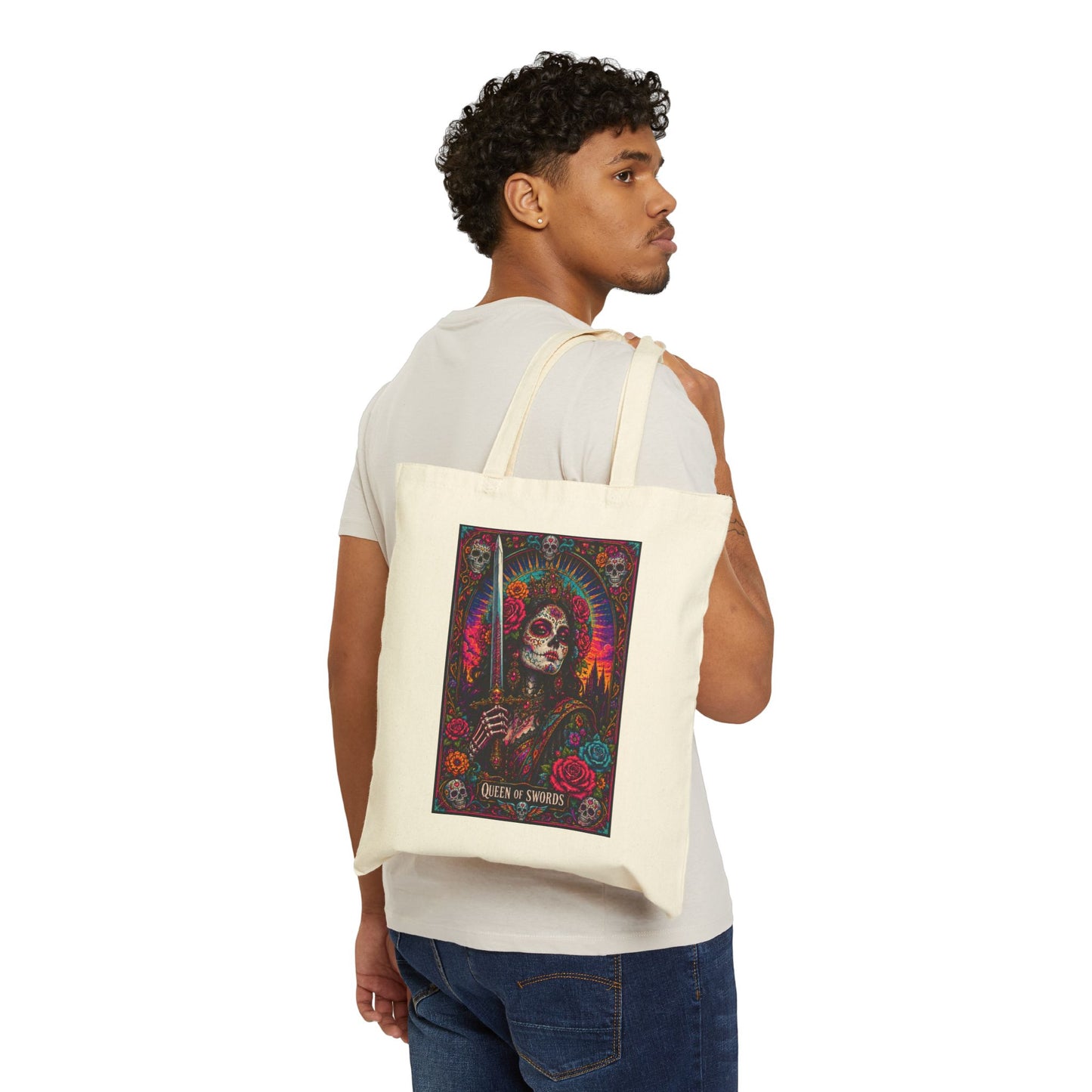 Queen of Swords Sugar Skull Tarot Cotton Canvas Tote Bag