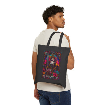 Queen of Swords Sugar Skull Tarot Cotton Canvas Tote Bag