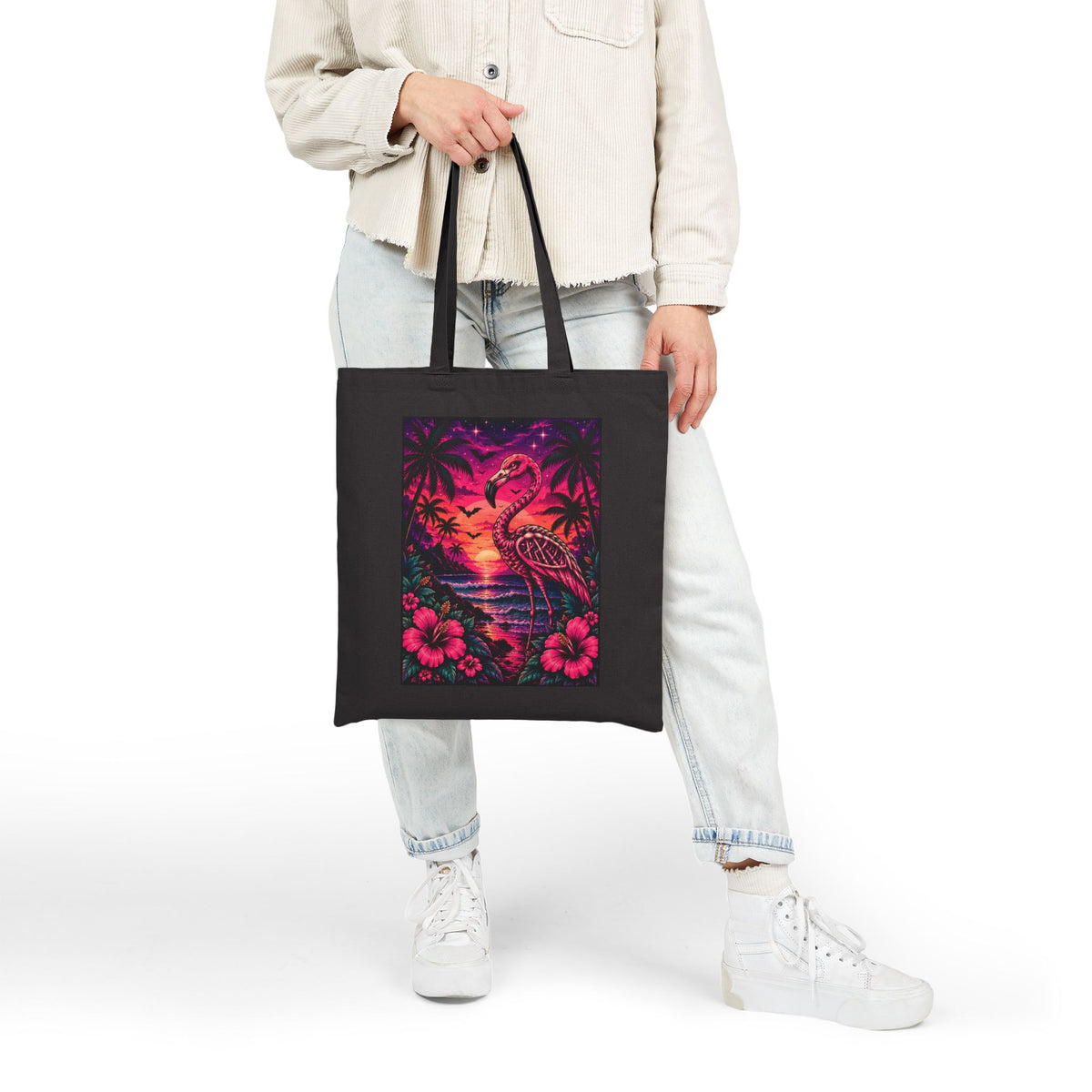 Retro Flamingo Skeleton Canvas Tote Bag — Neon Sunset Hibiscus Beach Tote