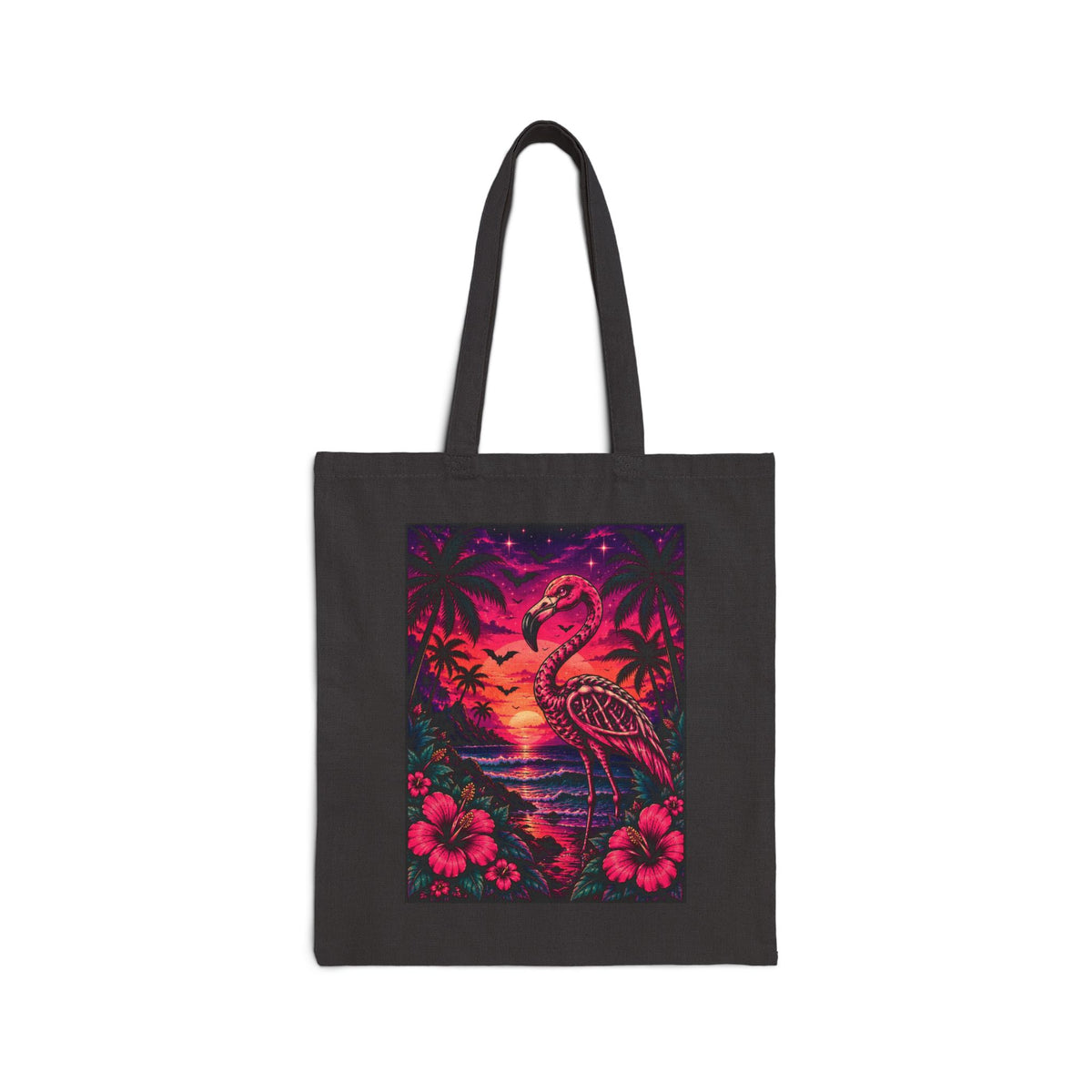 Retro Flamingo Skeleton Canvas Tote Bag — Neon Sunset Hibiscus Beach Tote