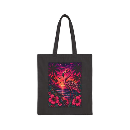 Retro Flamingo Skeleton Canvas Tote Bag — Neon Sunset Hibiscus Beach Tote