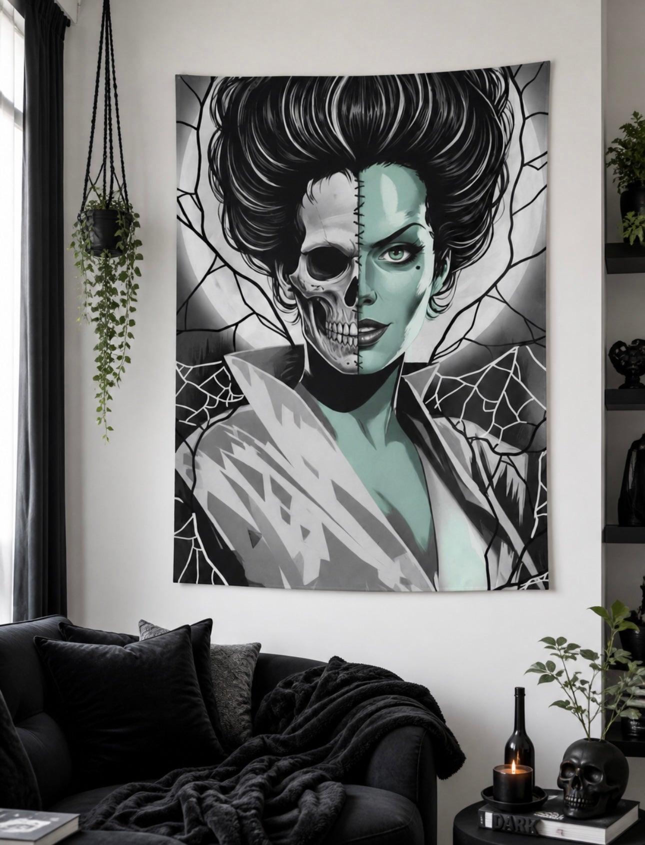 Horror Skeleton Pinup Spiderweb Lightning Indoor Wall Tapestry