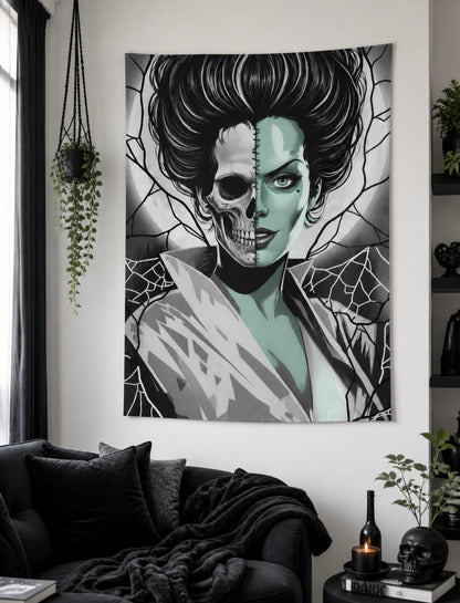 Horror Skeleton Pinup Spiderweb Lightning Indoor Wall Tapestry