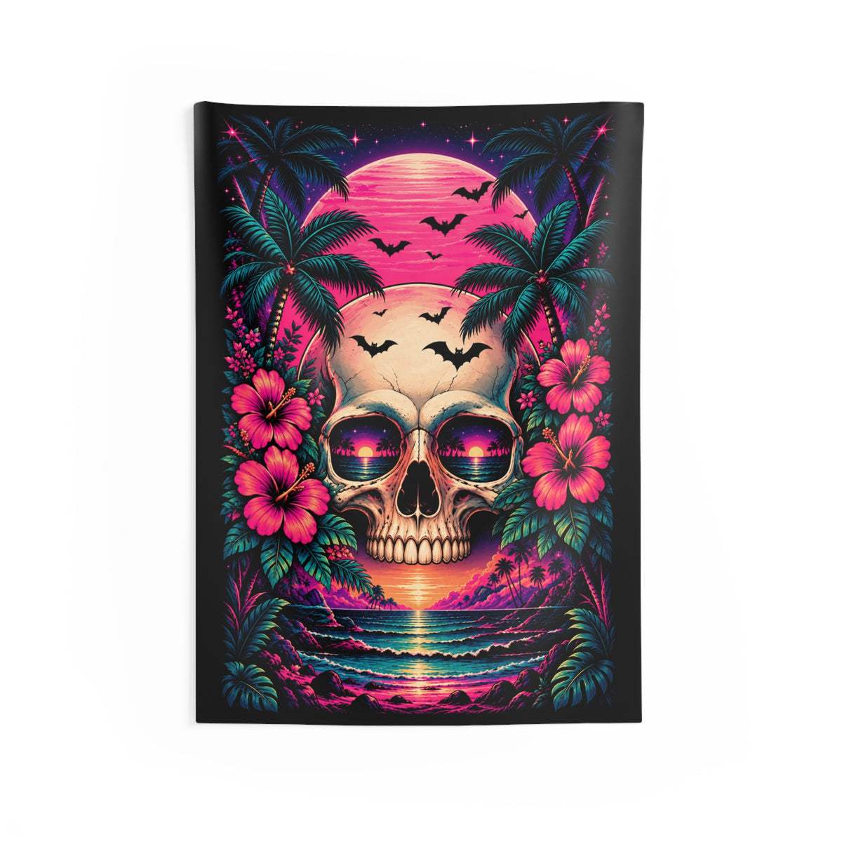 Skull Sunset Tapestry — Neon Tropical Skull Beach Wall Art