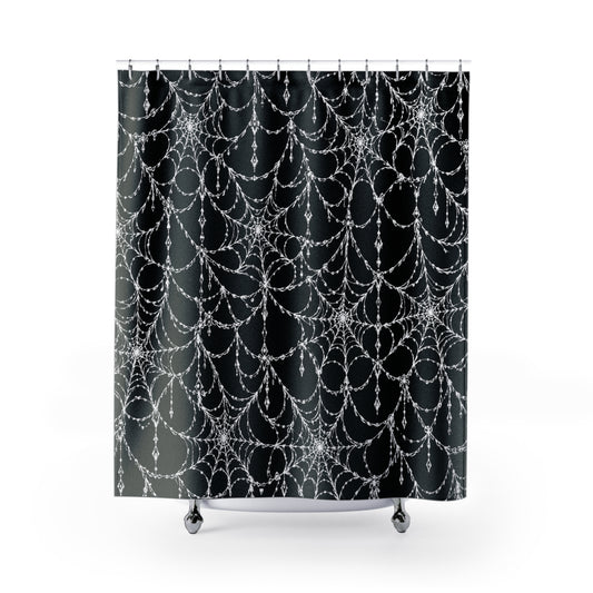 Gothic Cobweb Crystal Drop Shower Curtain — Black Spiderweb Bathroom Decor