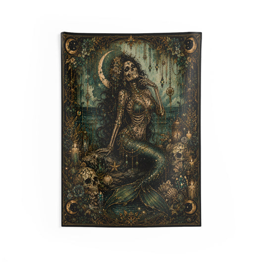 Deathly Siren Indoor Wall Tapestry — Gothic Mermaid Skull Art for Bedroom & Living Room