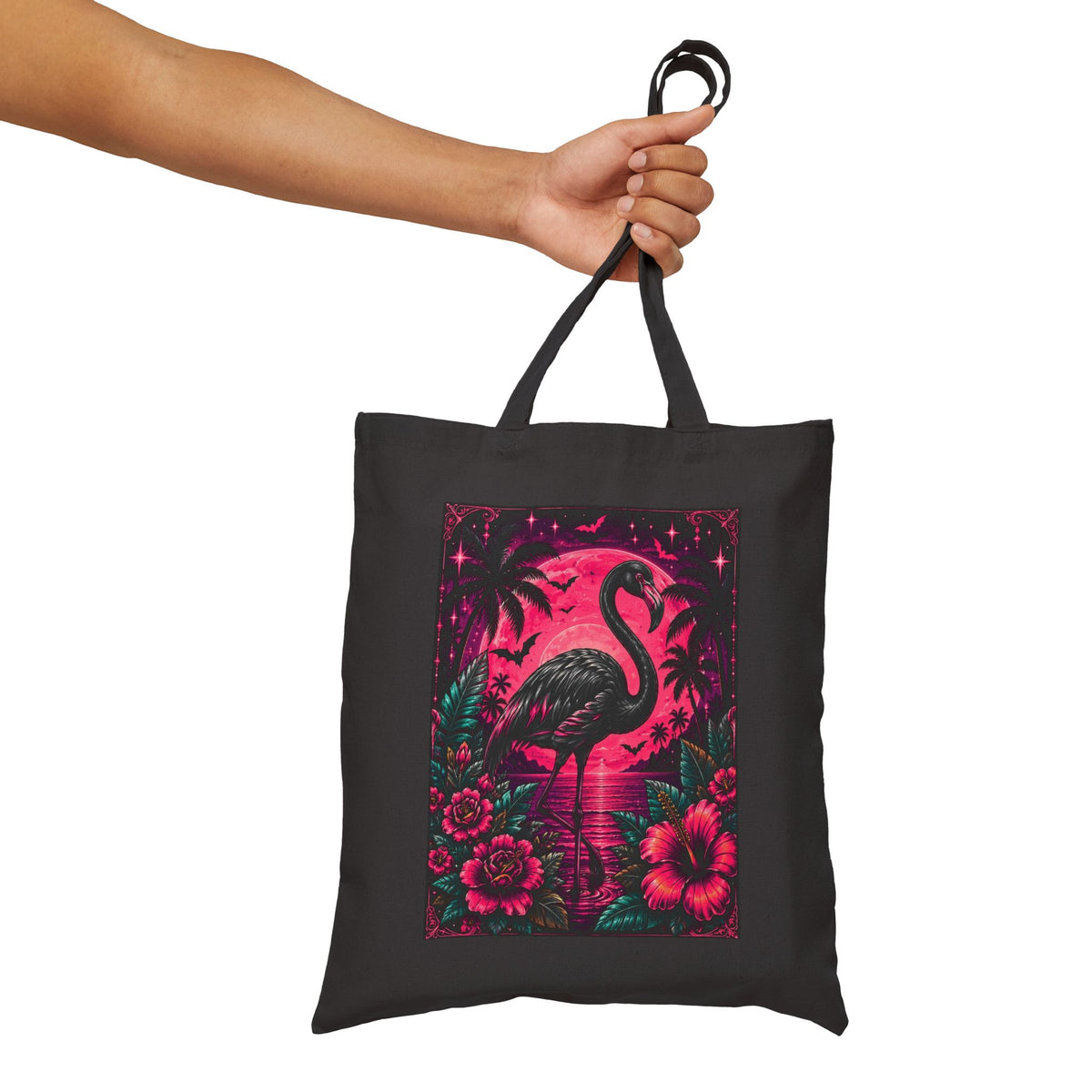 Neon Gothic Flamingo Tote Bag — Tropical Hibiscus Canvas Tote