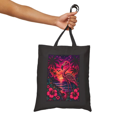 Retro Flamingo Skeleton Canvas Tote Bag — Neon Sunset Hibiscus Beach Tote