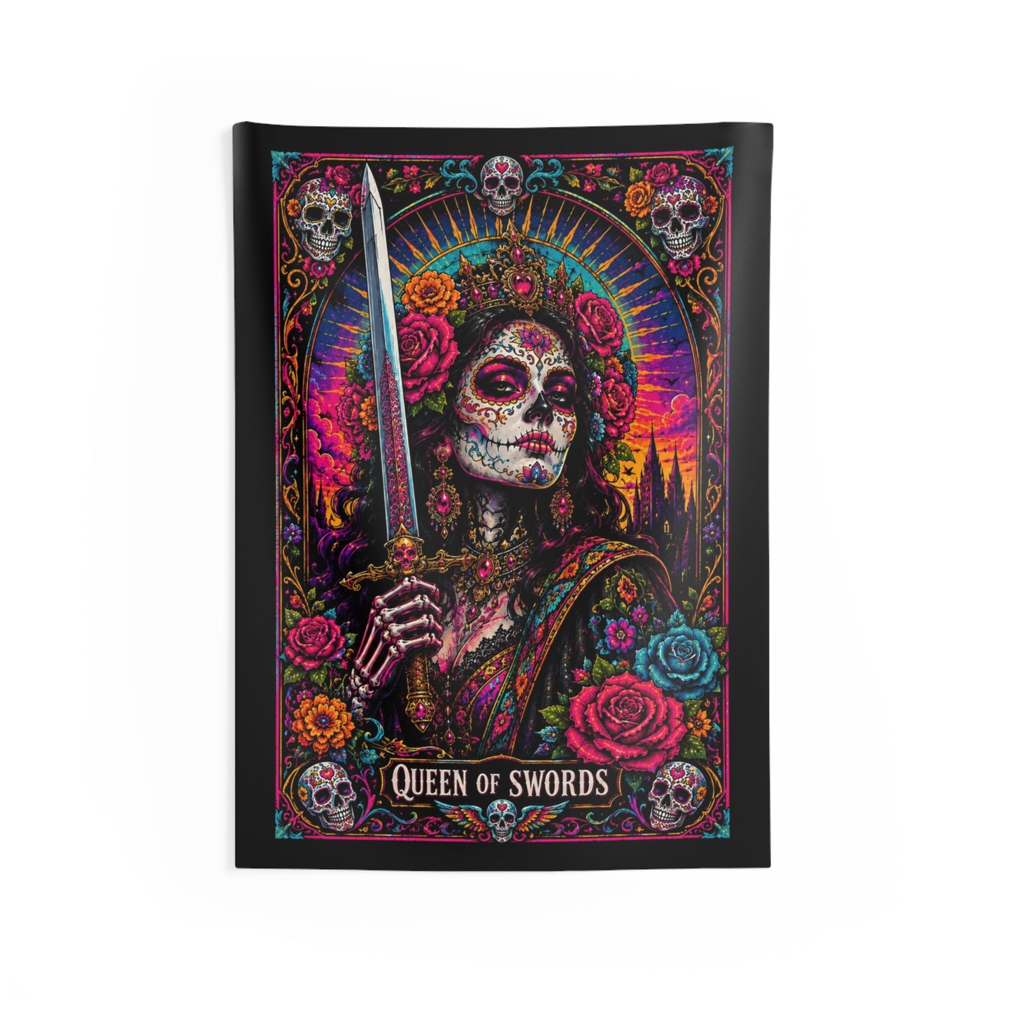 Queen of Swords Sugar Skull Tapestry — Gothic Tarot Wall Hanging
