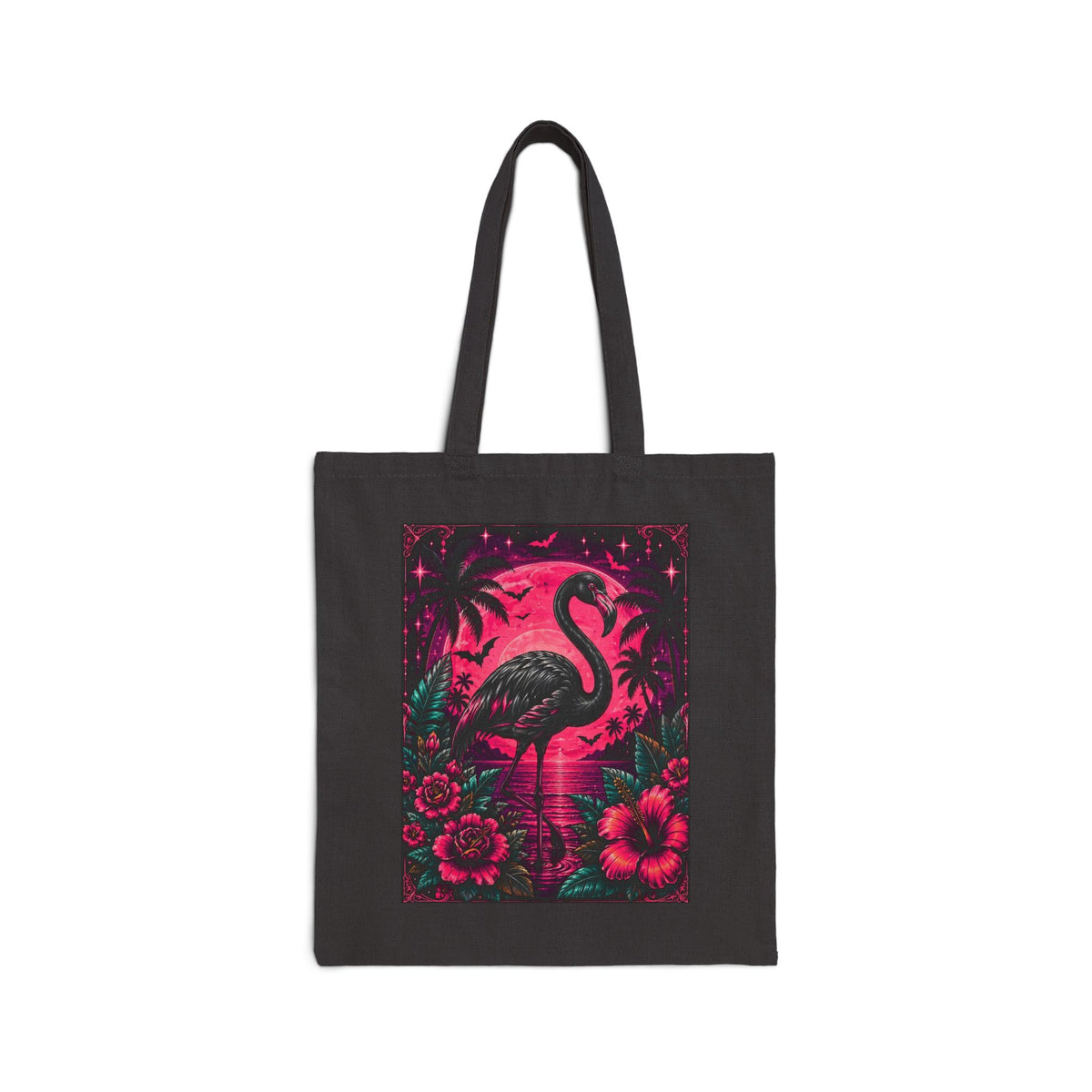 Neon Gothic Flamingo Tote Bag — Tropical Hibiscus Canvas Tote