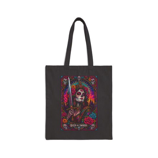 Queen of Swords Sugar Skull Tarot Cotton Canvas Tote Bag