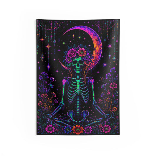 Psychedelic Floral Skeleton Meditation Moon Tapestry — Boho Gothic Wall Hanging