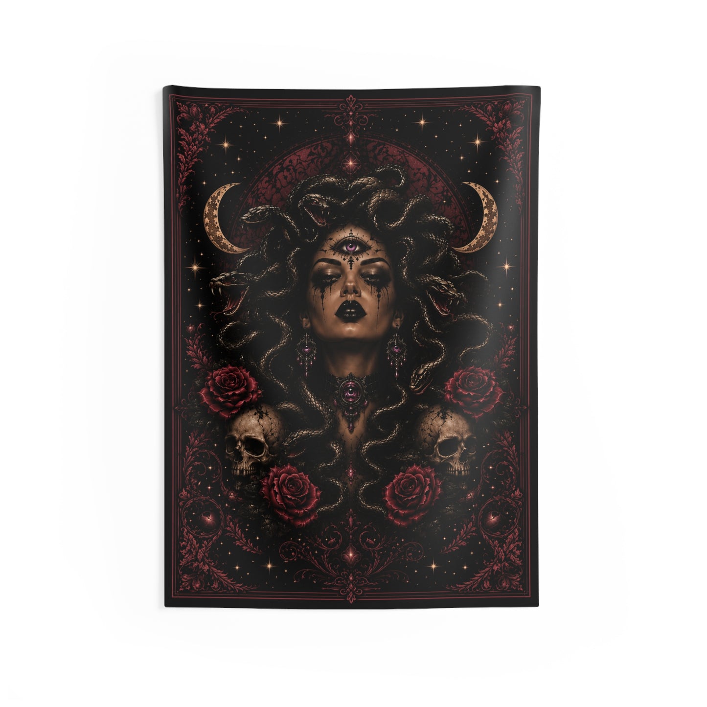 Mystic Medusa Wall Tapestry — Gothic Third-Eye Portrait with Skulls & Roses