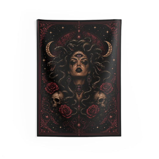 Mystic Medusa Wall Tapestry — Gothic Third-Eye Portrait with Skulls & Roses