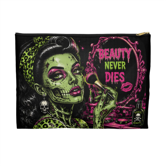 Retro Horror Accessory Pouch — "Beauty Never Dies" Makeup Bag
