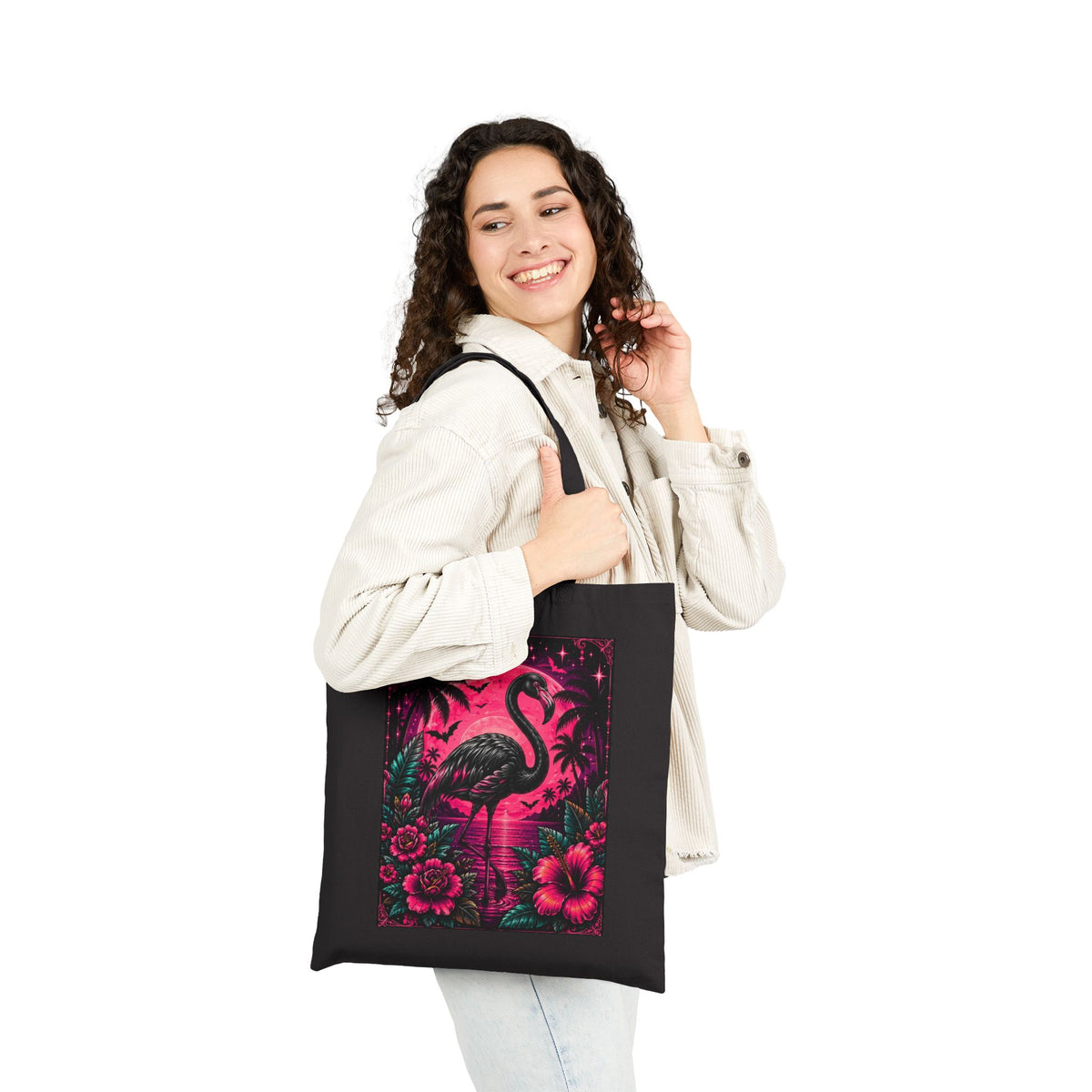 Neon Gothic Flamingo Tote Bag — Tropical Hibiscus Canvas Tote