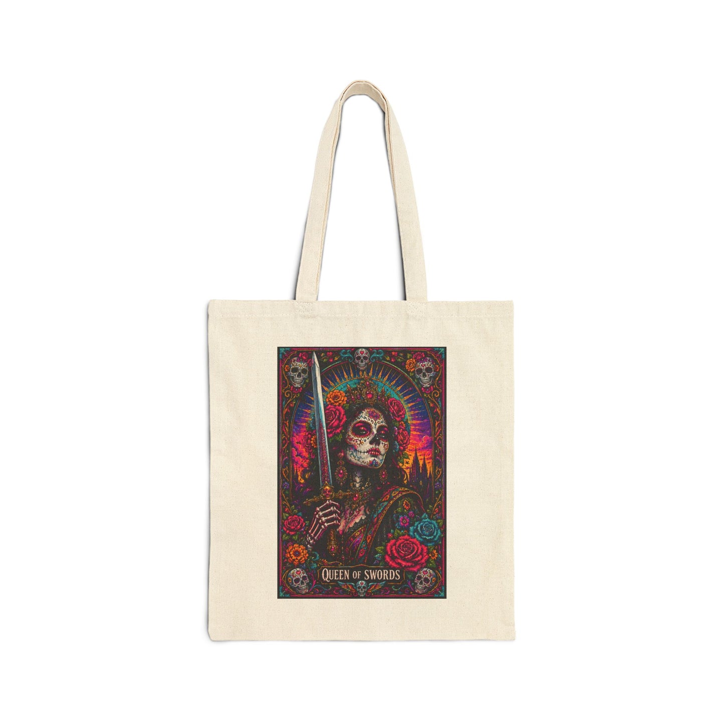 Queen of Swords Sugar Skull Tarot Cotton Canvas Tote Bag