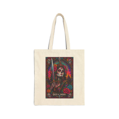 Queen of Swords Sugar Skull Tarot Cotton Canvas Tote Bag