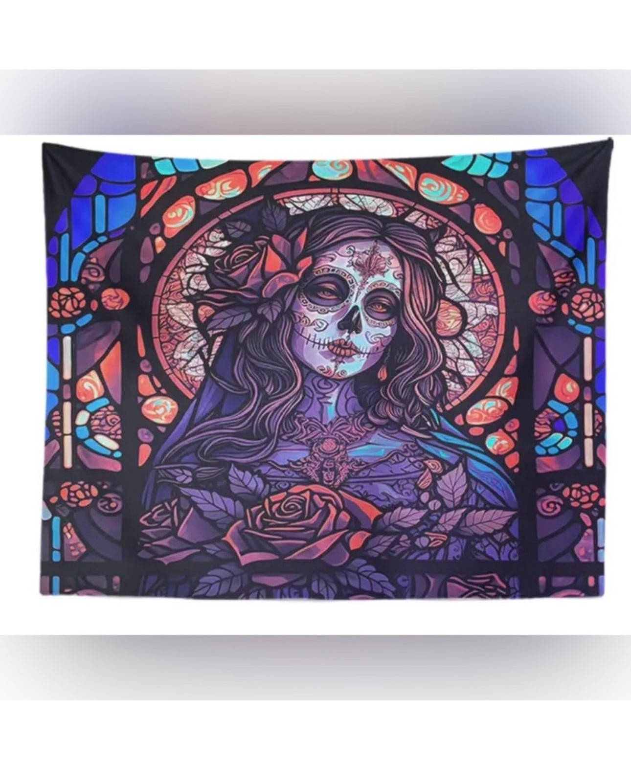 Home Decor Wall Hanging Tapestry Blacklight Virgin Mary Sugar Skull Stained Glass Wall Art 59x51