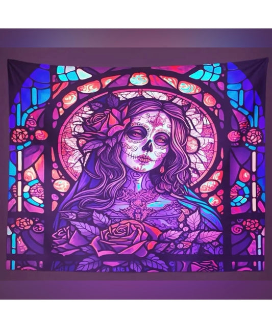 Home Decor Wall Hanging Tapestry Blacklight Virgin Mary Sugar Skull Stained Glass Wall Art 59x51