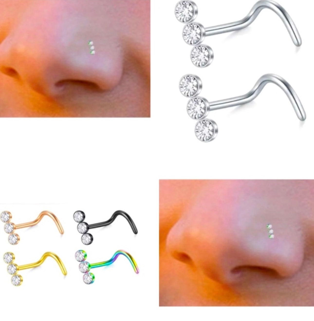 Nose Stud Triple Stone Bar