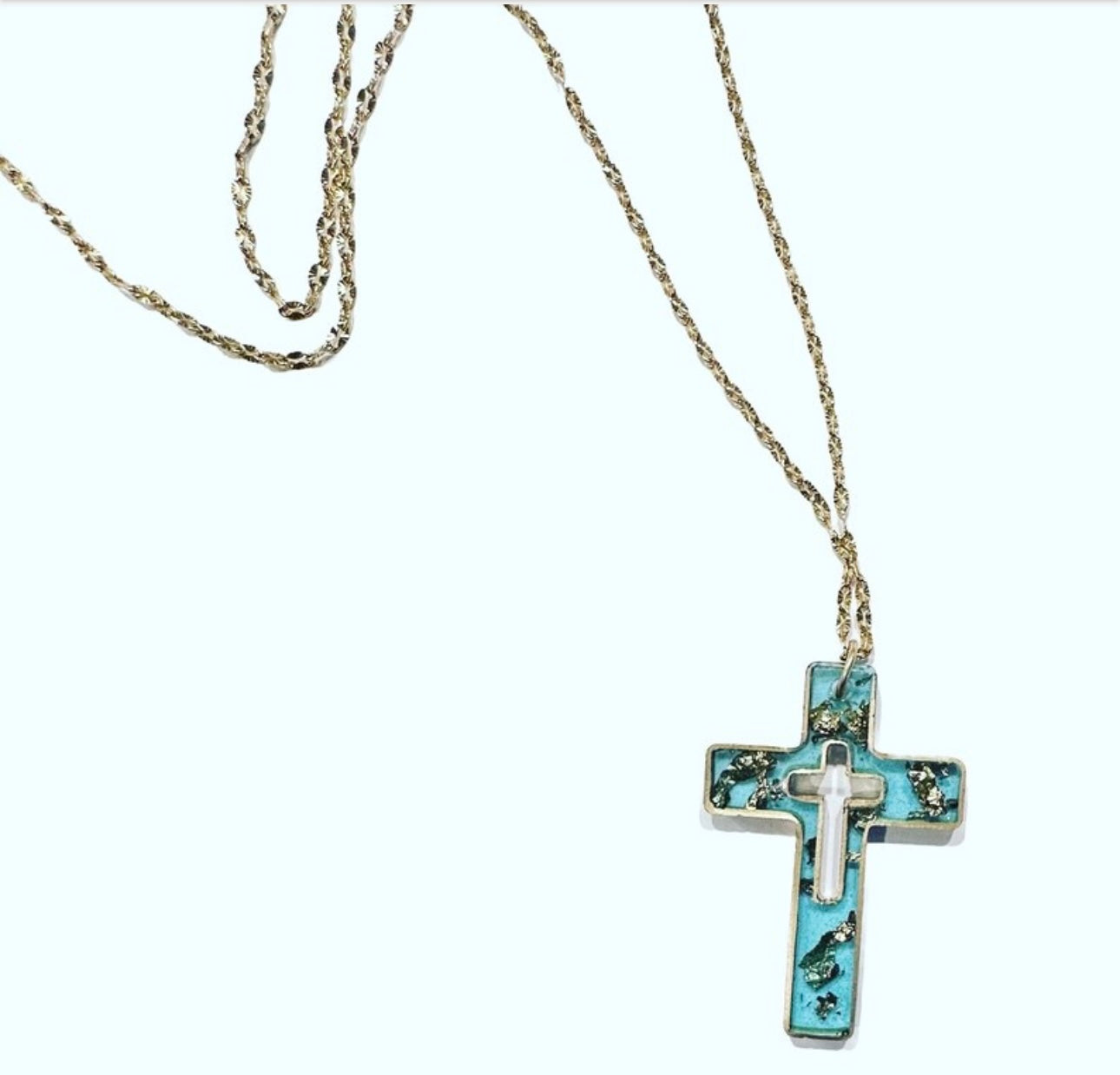 Necklace Aqua Gold Leaf Cross