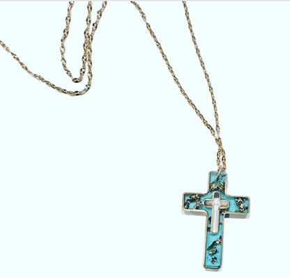 Necklace Aqua Gold Leaf Cross
