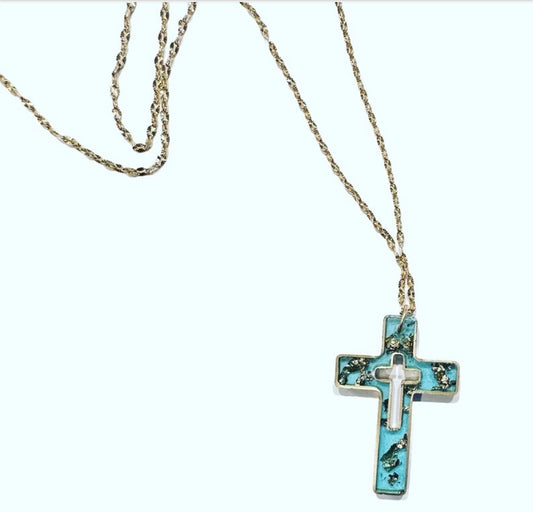 Necklace Aqua Gold Leaf Cross