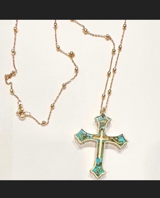 Necklace Aqua Gold Leaf Cross