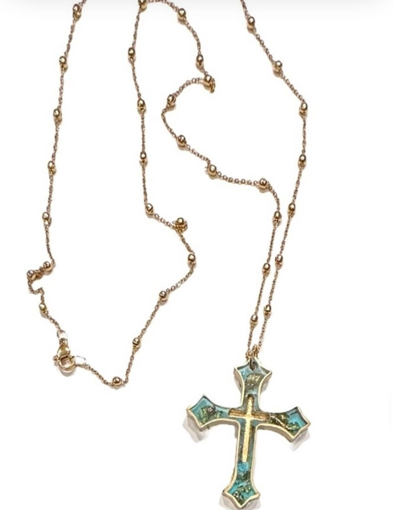 Necklace Aqua Gold Leaf Cross